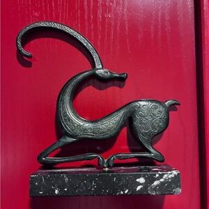 Cast iron gazelle statue on marble small scale